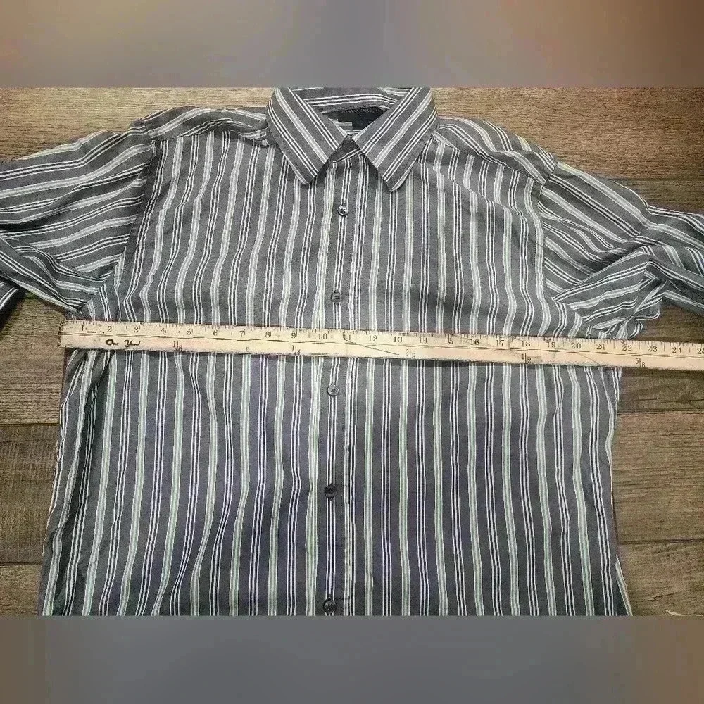 Banana Republic Mens Med White Green Blue Grey Striped Button Down LS Shirt